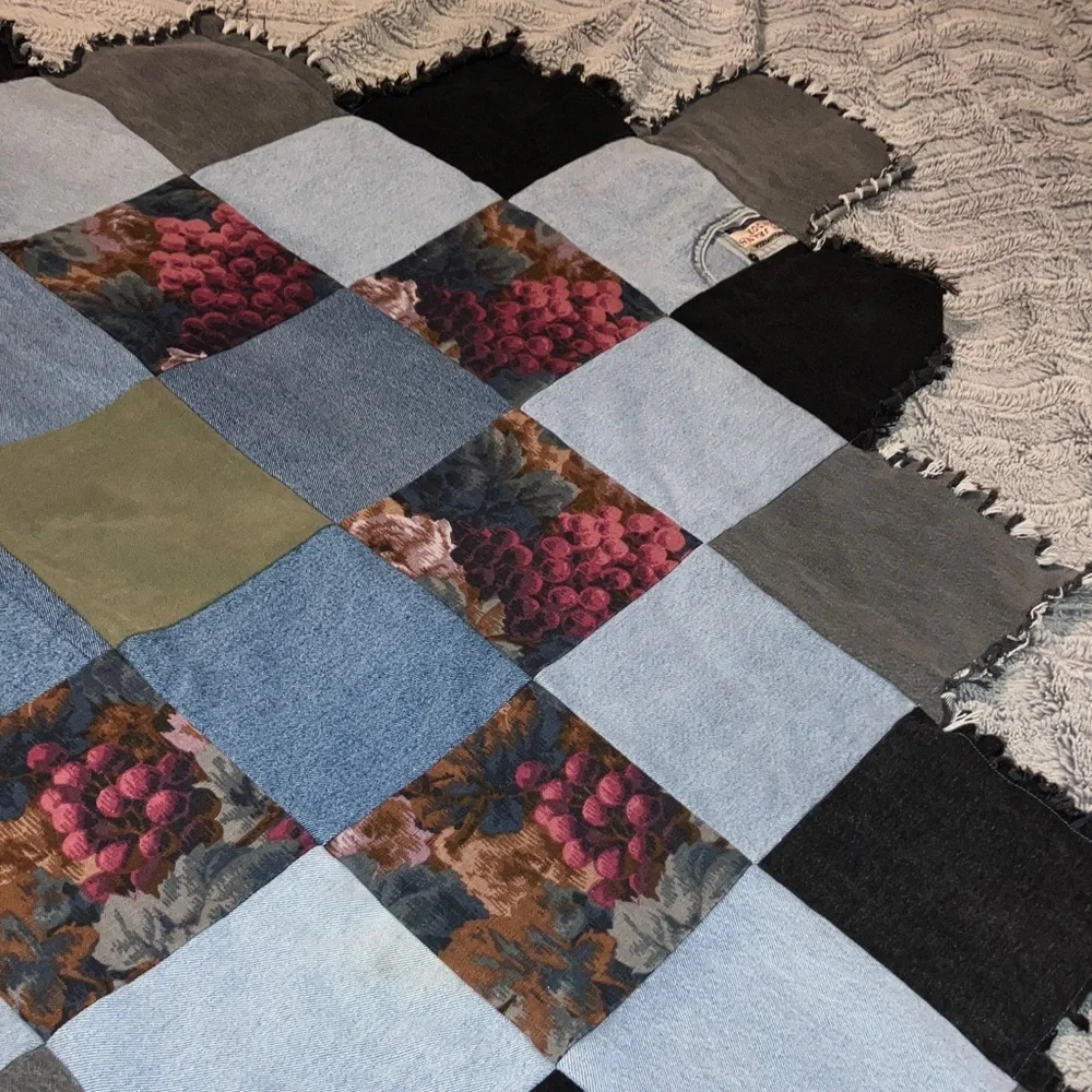 Patchwork Denim and Floral‎ Throw Blanket